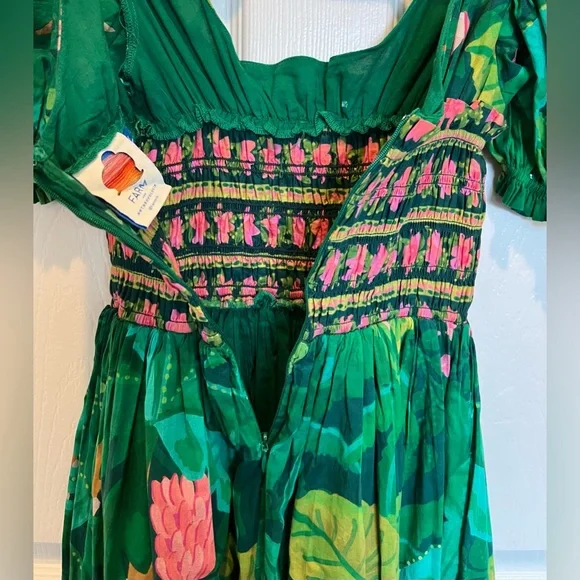 Farm Rio for Anthropologie Green Tropical Smocked Puff Sleeve Maxi Dress XXS - Picture 8 of 11